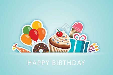 生日快乐聚会贺卡和横幅模板背景卡片蓝色礼物食物派对庆典乐趣蜡烛气球框架图片