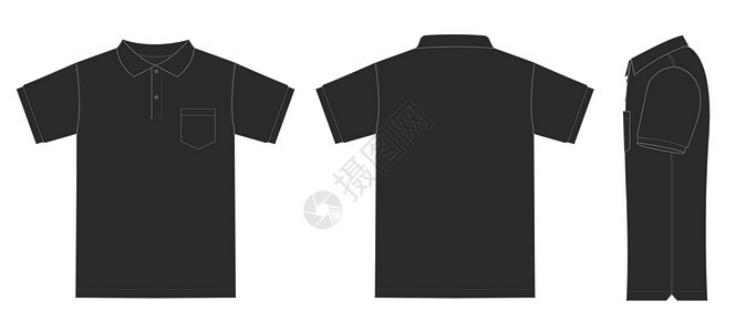 Polo 衫短袖的矢量模板插图小样球衣衣领口袋球座黑色平纹运动男生针织衫背景图片