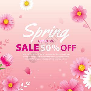 春季销售横幅与盛开的鲜花背景模板 丁购物广告季节刻字海报代金券市场植物店铺艺术图片