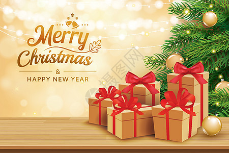 圣诞贺卡与木桌和 tr 上的礼品盒插图金子庆典桌子卡片木头礼物风格季节装饰品图片
