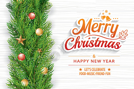 白色木制背景上有冷杉枝条的圣诞贺卡问候语针叶季节装饰桌子针叶树插图框架松树庆典图片