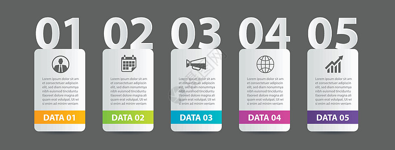 带有 5 个数据编号 t 的水平纸张索引中的信息图表选项卡图片