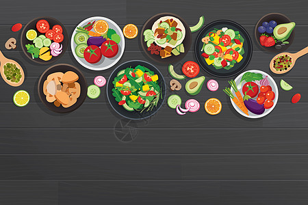 深色木桌酒泉上配料的健康食品脉冲木头营养饮食烹饪沙拉奶油蔬菜桌子熏制图片