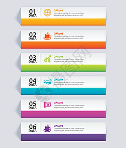 带有 6 个数据模板的水平纸质索引中的信息图表选项卡菜单按钮小册子折纸数字插图商业生长广告日程背景图片