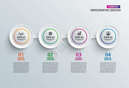 带有 4 个数据水平模板的信息图表圆纸 向量报告插图标签图表网络成功推介会数字战略艺术品图片