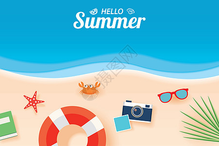 你好夏天卡横幅与度假海滩纸艺术酒泉墙纸旅游阳光热带季节蓝色假期传单星星派对图片