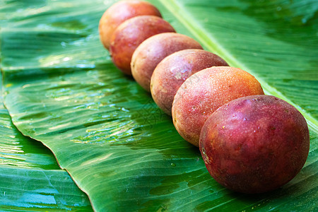 在湿香蕉叶上提取激情果实 维生素 水果 健康食品情调团体美食热带紫色营养异国小吃甜点浆果图片