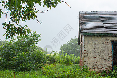 离远村庄的一座废弃老房子附近大雨 绿色自然罢工天空活力蓝色地平线城市风暴场景危险力量图片
