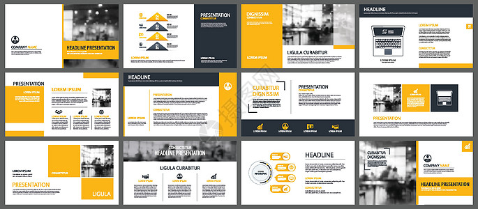 黄色演示文稿模板和信息图表元素背景黑色商业报告项目文档年度界面用户基调营销图片