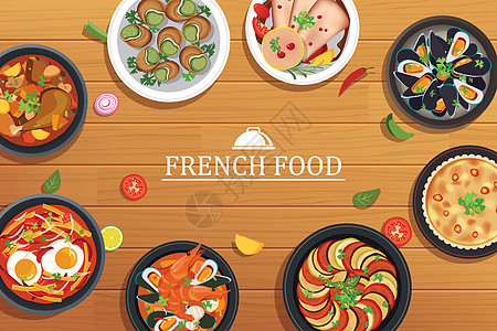 顶视图木桌背景上的法国食品图片