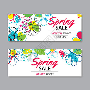 春季销售横幅模板与五颜六色的花传单艺术邀请函代金券卡片折扣植物群广告插图标签图片