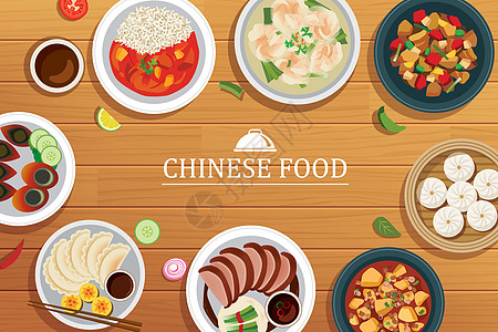 在一个木制的背景上的中国食品 矢量中国食品顶级 vie图片