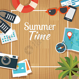 夏季旅游模板与木制背景太阳镜旅行派对广告乐趣标签海滩热带假期销售图片