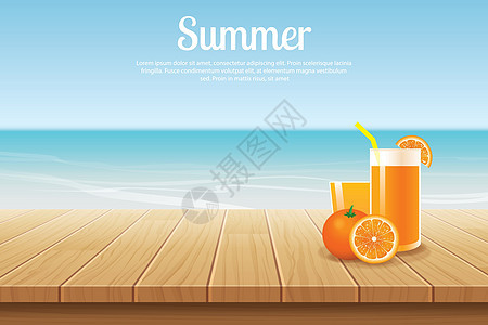 夏天背景蓝天与海和木显示 mont晴天果汁地面水果桌子木头天空墙纸阳光海滩图片