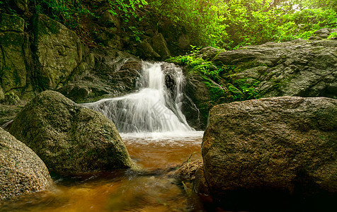 丛林中美丽的瀑布 热带森林中的瀑布岩石苔藓摄影绿色植物风景天堂生态旅游环境蒸汽公园图片