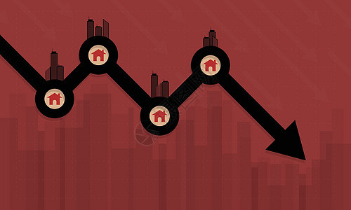 房地产业务下降和房地产市场价格危机的概念 通过价值随房屋和公寓建筑下降的财务图表设计 矢量插图横幅或背景图片