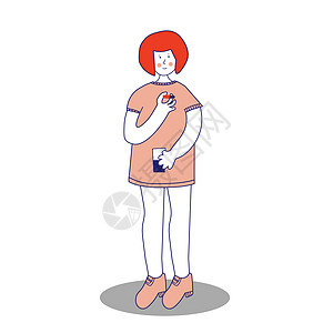 一个年轻的女孩正在喝药 她手里拿着一颗药丸和一杯水 疾病治疗 孩子正在接受治疗 矢量插画蓝线卡通风格图片