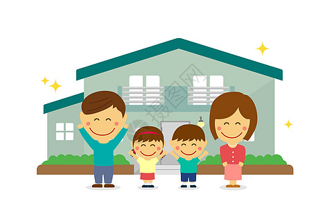 幸福的亚洲家庭和新房子 平面矢量新建的房子父亲男生女儿孩子妻子儿子商业住房住宅双工图片