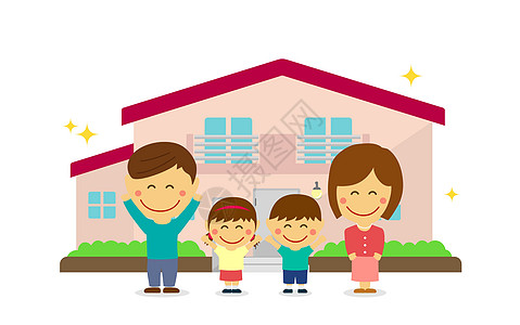 幸福的亚洲家庭和新房子 平面矢量新建的房子建筑学儿子父亲财产孩子商业女儿女孩家园插图图片