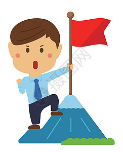 一个商务人士的卡通插图在山顶上抓着一面旗帜职业精神工作员工顶峰新工人风险挑战男人新兵图片