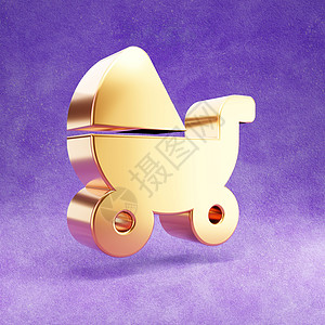 童车图标 紫色天鹅绒背景上孤立的金色光泽婴儿车符号图片