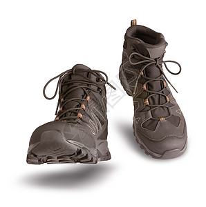 白色背景步行的徒步靴运动活动衣服皮革棕色蕾丝冒险灰色远足靴子图片