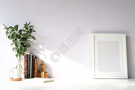 Mockup 工作台和复制空间书籍 种植和咖啡工作公寓展示设计师商业创造力房间潮人风格白色图片