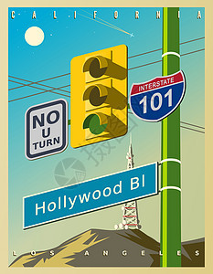 带有黄色红绿灯好莱坞标志和路标的复古海报-禁止掉头 101 号州际公路 复古风格的矢量图解 美国加州图片