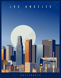 与大满月和满天星斗的天空的洛杉矶地平线在背景中 复古风格矢量图 美国加州图片