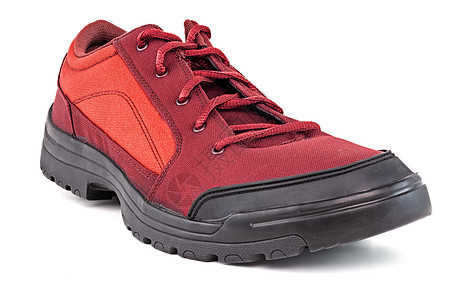 白背景的一双右手便宜红织物徒步旅行或打猎鞋鞋带远足运动活动橡皮红色棕色销售运动鞋鞋类图片