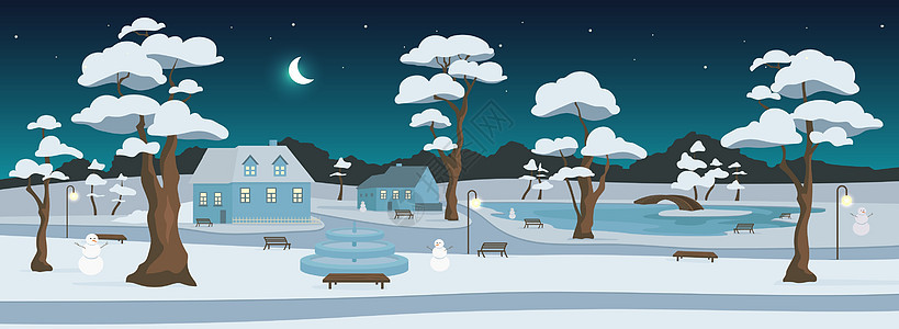 夜间平面彩色矢量插图的冬季公园图片