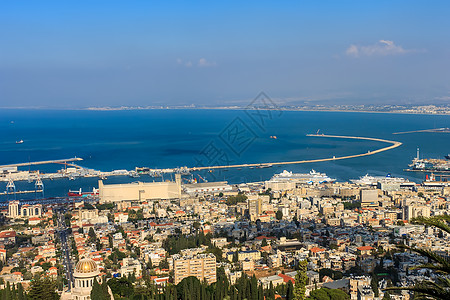 以色列海法港全景地平线工业白色天线海滩旅游蓝色建筑学海岸图片