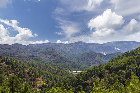 塞浦路斯山的夏季日天空白色场景绿色蓝色风景农村村庄旅行森林图片