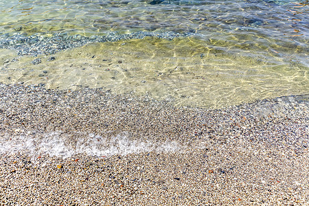 海浪在海滩上冲浪 沙滩上有黄色的沙子和清澈的水海岸线白色海洋海岸热带海滨支撑液体阳光泡沫图片