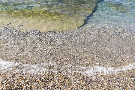 海浪在海滩上冲浪 沙滩上有黄色的沙子和清澈的水海岸白色海滨支撑海岸线蓝色海洋液体阳光热带图片