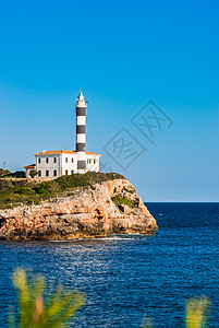 西班牙地中海马洛卡Portocolom灯塔的古典观图片