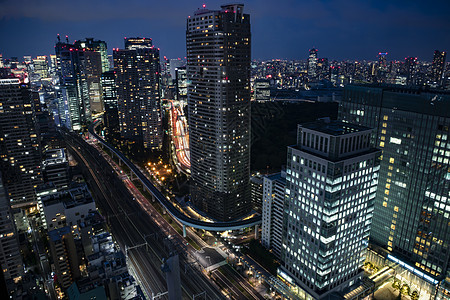 东京城市景色在蓝色时段 向上 向下 长期接触 向地貌方向地标旅游干线商业建筑单轨景观火车办公大楼建筑学图片