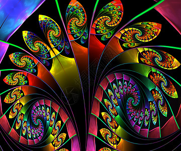 计算机生成抽象多彩分形 artwor形状展示黑色几何学魔法推介会图案装饰装饰品万花筒图片
