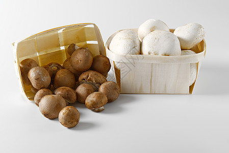 白的和棕的蘑菇红的 在浅色背景的木制篮子里做冠冕堂皇柳条销售烹饪团体季节饮食食物菌类蔬菜营养图片