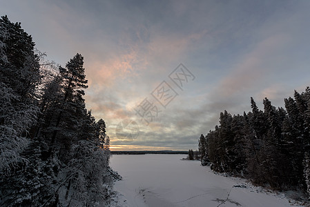 冰湖覆盖了冬天的寒冬海滨 大雪和天空国家暴风雪橙子松树季节木头降雪紫色森林环境图片