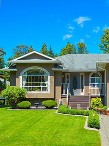 主入口和优美的草坪 在郊区家庭住宅前图片
