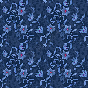 蓝色单色底蓝的无缝花卉形态图片