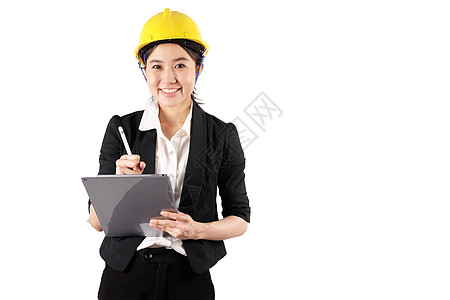 年轻女工程师带着数字平板电脑Wtih微笑与孤立项目男性建筑学建筑拉丁蓝图安全工程工人男人图片