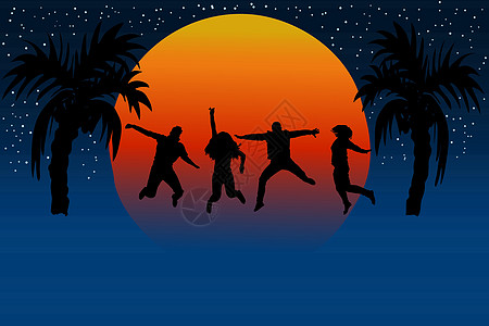 朋友在日落时跳跃的休眠 人们为欢乐而跳跃图片