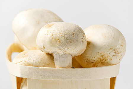 白蘑菇在浅色背景的木制篮子上打着冠军冠 与复制空间密不可分木头饮食柳条团体菌类美食养分森林营养盒子背景图片