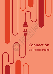 连接能源或电力概念技术设计与橙色背景上的红色电源插座 插头 弯曲电线或电缆 复制空间文本 海报传单封面小册子的布局 矢量 EPS图片