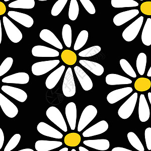 装饰无缝花卉图案用一只手在黑色背景上绘制白色黄色雏菊花 复古风格的平面设计 适用于织物纺织品 壁纸 包装纸 包装 封面 矢量 E图片