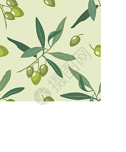 装饰无缝图案与手绘橄榄树枝与成熟的绿橄榄和米色背景上的叶子 织物 包装 橄榄油天然化妆品 保健品的矢量设计图片