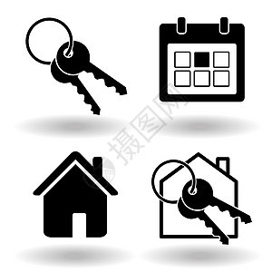 房地产或房屋租赁预订纯平黑色图标集 钥匙圈和房子和日历组织者 矢量网络图标图片