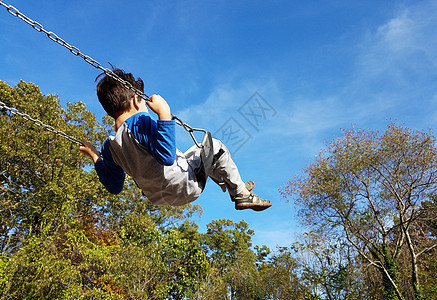 在游乐场摇摆的男孩儿童操场娱乐树木孩子乐趣公园图片